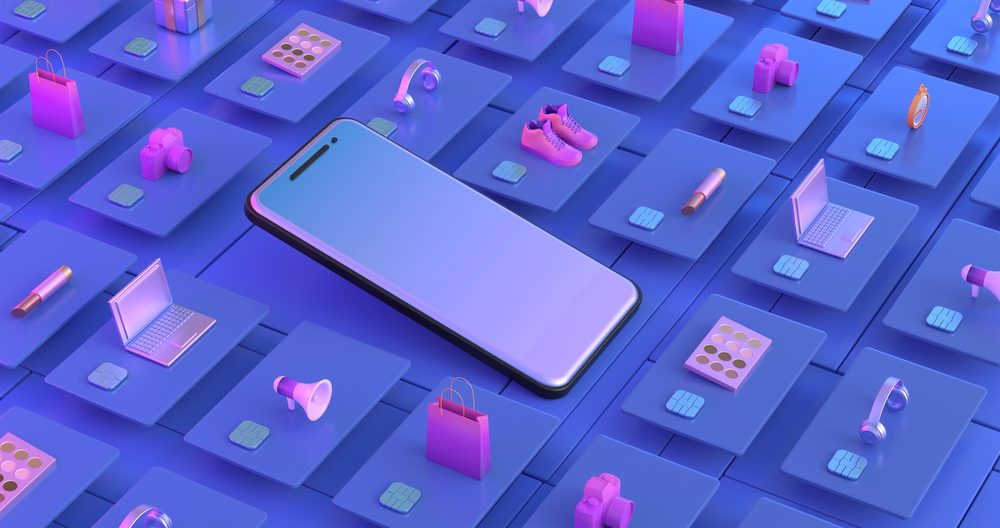 スマートフォンを中心にした商品アイコンの3Dイメージ
